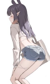 1girl absurdres ass blue_shorts closed_eyes closed_mouth crop_top denim denim_shorts gradient_hair highres hololive hololive_english leaning_forward long_hair multicolored_hair ninomae_ina&#039;nis orange_hair pointy_ears purple_hair scarlet_(wv0102) shirt short_shorts shorts simple_background solo tentacle_hair virtual_youtuber white_background white_shirt