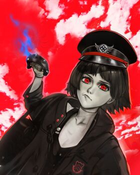 black_coat blue_fire brass_knuckles chapinor coat fire frown hat highres imminent_punch looking_at_viewer military_hat niijima_makoto nose persona persona_5 red_eyes red_sky school_uniform shuujin_academy_school_uniform sky solo upper_body weapon