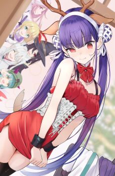 6+girls animal_costume animal_ear_headwear animal_ears antlers aqua_hair bare_arms bare_shoulders black_hair black_thighhighs blonde_hair blue_eyes blue_hair blunt_bangs blurry blurry_background blush bow bowtie breasts bungo_yayoi christmas christmas_tree chroemaguro closed_eyes closed_mouth coat commentary_request corset cowboy_shot cuffs detached_collar double_bun dress dress_tug dutch_angle embarrassed eyepatch fake_animal_ears fake_antlers fake_horns fox_ears frills grey_hair hair_between_eyes hair_bun hair_ribbon hairband half-closed_eye hat heaven_burns_red highres horns indoors kanzaki_adelheid long_hair looking_at_another looking_at_viewer medium_breasts multiple_girls nervous_smile one_eye_covered open_mouth pink_hair purple_hair red_bow red_bowtie red_dress red_eyes red_ribbon reindeer_antlers reindeer_costume ribbon sakuraba_seira santa_costume santa_dress satsuki_mari short_dress short_hair side_slit sidelocks skirt skirt_tug sleeveless sleeveless_dress smile solo_focus spaghetti_strap sweatdrop tenne_miko thighhighs twintails unworn_coat very_long_hair white_hair white_hairband white_ribbon witch_hat wrist_cuffs wristband yamawaki_bon_ivar yellow_eyes zettai_ryouiki
