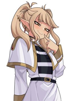 1girl belt black_belt blonde_hair boku_no_hero_academia capelet commentary commentary_request cosplay earrings elf fang finger_to_mouth frieren frieren_(cosplay) gold_trim highres jewelry long_sleeves pointy_ears shirt simple_background smile solo sousou_no_frieren striped_clothes striped_shirt toga_himiko twintails unusualpie upper_body white_background white_capelet yellow_eyes