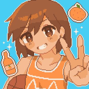 1boy :d amenbopotupotu ball bare_arms bare_shoulders basketball_(object) blue_background bottle bright_pupils brown_eyes brown_hair collarbone commentary dark-skinned_male dark_skin double-parted_bangs food foreshortening fruit grin hair_behind_ear hair_between_eyes head_tilt holding holding_ball kel_(faraway)_(omori) kel_(omori) looking_at_viewer male_focus no_nose omori open_mouth orange_(fruit) orange_tank_top outline pixel_art short_hair simple_background smile solo sparkle swept_bangs symbol-only_commentary tank_top upper_body v v-shaped_eyebrows white_outline white_pupils