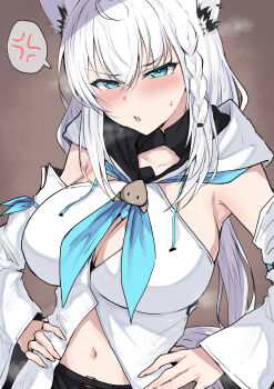 1girl anger_vein animal_ear_fluff animal_ears aqua_eyes belt black_belt black_shorts blue_neckerchief blush braid breasts breath brown_background center_opening cleavage collarbone commentary crossed_bangs fox_ears fox_girl fox_tail front_slit hair_between_eyes hands_on_own_hips highres hololive hood hooded_vest hoodie large_breasts long_hair looking_at_viewer low_ponytail navel neckerchief parted_lips ponytail sakiya_(sak1_01) shirakami_fubuki shirakami_fubuki_(1st_costume) short_shorts shorts side_braid sidelocks solo strapless sweat symbol-only_commentary tail two-sided_fabric very_long_hair vest virtual_youtuber white_hair wide_hips