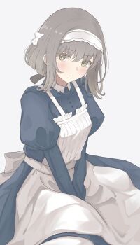 Rule 34 | 1girl, absurdres, apron, between legs, black ribbon, blue dress, blush, closed mouth, commentary, dress, frilled hairband, frills, gakuen idolmaster, green eyes, grey background, grey hair, hair ribbon, hairband, hand between legs, highres, hiwatari kanae, idolmaster, juliet sleeves, long sleeves, looking at viewer, maid, puffy sleeves, ribbon, sangria, short hair, simple background, sitting, solo, v arms, white apron, white hairband