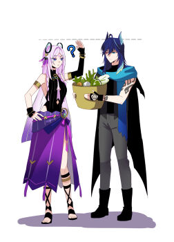 1boy 1girl ? animal_ears arm_at_side arm_tattoo armlet basket bat_boy bat_ears black_boots black_cape black_gloves black_jacket black_leotard black_sandals black_shirt black_wrist_cuffs blue_eyes blue_hair blue_scarf blunt_ends blunt_tresses boots bracelet braid breasts cape citlali_(genshin_impact) cleavage_cutout clothing_cutout colored_tips commentary_request dotted_line elbow_gloves feather_hair_ornament feathers fingerless_gloves floating_headgear food fringe_trim genshin_impact gladiator_sandals glove_cutout gloves gold gradient_hair grandmother_and_grandson grey_pants hair_intakes hair_ornament hair_tubes hand_tattoo hand_up headgear heattech_leotard height_difference hetero highleg highleg_leotard highres hip_vent holding holding_basket jacket jewelry korean_commentary leotard long_hair looking_at_another multicolored_hair open_clothes open_jacket ororon_(genshin_impact) pants parted_bangs pink_feathers pink_hair pink_pupils purple_hair purple_sarong red_eyes ribbed_leotard ring_hair_ornament sandals sarong scarf shadow shirt side_slit sideboob single_sleeve single_wrist_cuff sleeveless sleeveless_jacket stomach_cutout sugarcanedove tattoo toes tsurime turtleneck turtleneck_shirt twin_braids undershirt vegetable white_background wrist_cuffs