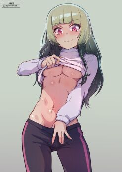 1girl adashino_mei_(oshi_no_ko) belly breasts clothes_lift clothes_pull highres jack_rockhardt lifting_own_clothes long_hair medium_breasts midriff midriff_focus navel oshi_no_ko pants pants_pull pulling_own_clothes shirt_lift smile solo sweater torso_flash underboob