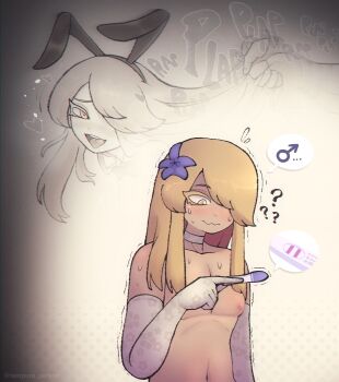 1boy ? animal_ears bare_shoulders blonde_hair blush borrowed_character bow bowtie bridal_gauntlets choker commentary english_commentary english_text flower flying_sweatdrops grabbing_another's_hair hair_flower hair_ornament hair_over_one_eye heart highres holding_another's_hair implied_male_pregnancy implied_sex long_hair loving_aura lucien_(basedbinkie) mars_symbol original plap playboy_bunny pregnancy_test rabbit_ears spoken_mars_symbol sweat tempura_person tongue tongue_out trap twitter_username white_bridal_gauntlets white_choker yellow_eyes