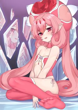 1girl bare_shoulders between_legs broken_glass center_opening commentary_request covered_erect_nipples crystal curly_hair feet female_focus flat_chest glass hair_ornament hand_between_legs hat highres k_jin legs loli long_hair looking_at_viewer multiple_reflections naughty_face neneka_(princess_connect!) no_pants no_shoes open_mouth panties pink_eyes pink_hair pink_hat pink_shirt pink_thighhighs pointy_ears princess_connect! reflection shards shirt side-tie_panties sitting smile solo strapless strapless_shirt thighhighs thighs toes twintails underwear very_long_hair white_panties