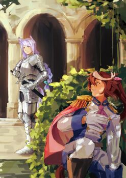 2girls adapted_costume animal_ears armor armored_legwear ascot asymmetrical_gloves black_boots blue_eyes blush boots bow braid braided_ponytail brown_hair bush buttons cape closed_mouth double-breasted ear_ribbon epaulettes gloves hiding high_ponytail highres holding holding_sword holding_weapon horse_ears horse_girl horse_tail jacket long_hair long_sleeves mejiro_mcqueen_(umamusume) mismatched_gloves multicolored_hair multicolored_jacket multiple_girls outdoors pants parted_lips pink_ascot ponytail purple_eyes purple_hair red_cape scabbard sheath shirt single_epaulette squatting streaked_hair sword tail tapeanna tokai_teio_(peak_joy)_(umamusume) tokai_teio_(umamusume) two-tone_jacket umamusume weapon white_gloves white_hair white_jacket white_pants