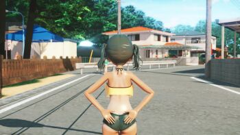 1girl animated ass black_hair bouncing_breasts breasts cleavage close-up dancing denim denim_shorts eating food fruit gaki_kyonyuu hand_on_own_hip hands_on_own_hips highres jiggle large_breasts legs looking_at_viewer medium_hair midriff multiple_views navel open_mouth original panties panty_peek red_eyes sasaki_kanna short_shorts shorts sitting smile tagme tan tank_top tanline thighs tongue turnaround twintails underwear video watermelon