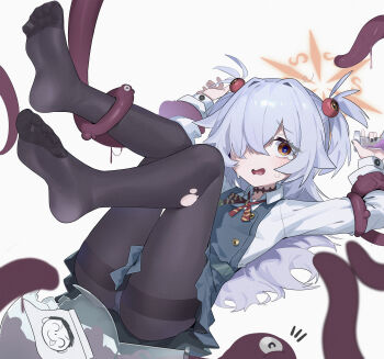 1girl absurdres arms_up black_nails black_panties black_pantyhose blue_archive blush broken broken_bottle broken_flask brown_eyes brown_halo buttons collared_shirt crying crying_with_eyes_open doodle_sensei_(blue_archive) double-breasted dream_of_pears dress eyes_visible_through_hair feet fingernails flask full_body furrowed_brow grey_dress grey_hair hair_between_eyes hair_ornament hair_over_one_eye halo hands_up highres holding holding_flask kanoe_(blue_archive) knees_up legs legs_up loli long_hair long_sleeves lying nail_polish neck_ribbon no_shoes notice_lines on_back one_eye_covered open_mouth panties panties_under_pantyhose pantyhose pinafore_dress purple_liquid red_ribbon restrained ribbon round-bottom_flask scar scar_on_neck sensei_(blue_archive) shirt short_dress sidelocks simple_background sleeve_cuffs sleeveless sleeveless_dress soles solo sphere_hair_ornament striped_ribbon sweat sweatdrop tearing_up tears tentacles thighband_pantyhose thighs toes torn_clothes torn_pantyhose two_side_up underwear very_long_hair wavy_mouth white_background white_shirt