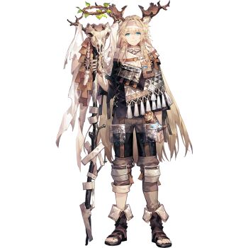 1boy ammunition_pouch androgynous animal_skull antlers arknights arm_at_side asymmetrical_capelet bishounen black_shirt blonde_hair blue_eyes boots brown_boots brown_capelet brown_headband brown_pants brown_theme capelet closed_mouth deer_skull dreamcatcher feathers full_body hand_up headband holding holding_staff horns leaf light_smile long_hair looking_at_viewer male_focus moose_antlers multicolored_capelet oakcup_(arknights) official_art pants pouch scorpion5050 shirt simple_background single_pantsleg_rolled_up skull_staff solo staff standing tachi-e tassel tassel-trimmed_capelet third-party_source transparent_background trap very_long_hair white_feathers wooden_staff