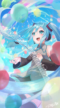 1girl :d absurdres aqua_eyes aqua_nails aqua_necktie balloon black_shoes black_skirt black_sleeves boots breasts collared_shirt commentary_request detached_sleeves fingernails grey_shirt hatsune_miku highres long_sleeves musical_note nail_polish necktie open_mouth pleated_skirt rainbow rokugatsu_shigure shirt shoes skirt sleeveless sleeveless_shirt smile solo teeth thigh_boots thighhighs tongue treble_clef twintails upper_teeth_only vocaloid zettai_ryouiki