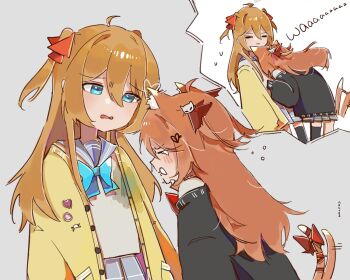 2girls animal_ear_fluff animal_ears aqua_bow aqua_bowtie asymmetrical_legwear black_cardigan black_skirt black_thighhighs blue_bow blue_bowtie blue_sailor_collar blue_serafuku blue_skirt blush bow bowtie broken_heart broken_heart_hair_ornament brown_hair cardigan cat_ears cat_girl cat_tail closed_eyes closed_mouth crying disgust double-parted_bangs evil_neuro-sama flying_sweatdrops furrowed_brow grey_background hair_between_eyes hair_ornament hair_ribbon hashtag-only_commentary head_on_chest heart highres inset long_hair looking_at_another messy_hair miniskirt motion_lines multiple_girls neuro-sama nose_bubble nostyx_x open_cardigan open_clothes peanut_mouth pleated_skirt raised_eyebrows red_bow red_bowtie red_ribbon ribbon sailor_collar school_uniform serafuku siblings sidelocks simple_background sisters skirt skull_hair_ornament tail tail_bow tail_ornament tail_wagging tears thighhighs torn_hair_ribbon twins two_side_up unhappy vedal_ai wet wet_clothes wet_spot white_background yellow_cardigan