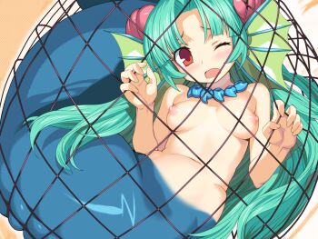 Rule 34 | 1girl, blush, breasts, captured, completely nude, female focus, fins, game cg, green hair, head fins, jewelry, long hair, looking at viewer, mermaid, monster girl, navel, necklace, net, nipples, nude, one eye closed, open mouth, rance (series), rance 01, red eyes, restrained, solo, wince, wink
