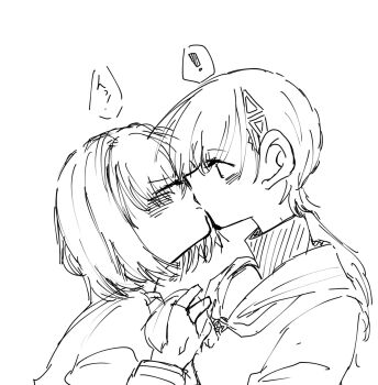 ! 2girls blush bob_cut closed_eyes clothes_grab commentary greyscale hair_ornament hasu_no_sora_school_uniform highres jellyfish_cut katsuragi_izumi kiss link!_like!_love_live! long_hair long_sleeves love_live! momose_ginko monochrome multiple_girls neckerchief neckwear_grab sailor_collar school_uniform short_hair spoken_exclamation_mark symbol-only_commentary tama_jirou_(tamaru0225) triangle_hair_ornament turtleneck upper_body virtual_youtuber winter_uniform yuri