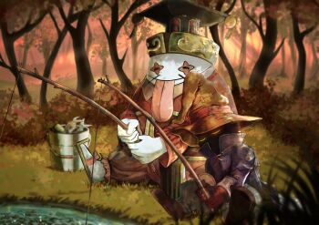 Rule 34 | 1boy, 1other, absurdres, black mage (final fantasy), blue coat, boots, brown footwear, brown gloves, bucket, coat, colored skin, final fantasy, final fantasy ix, fishing, fishing rod, forest, gloves, glowing, glowing eyes, hat, highres, holding, holding fishing rod, nature, quina quen, sandals, sleeping, tongue, tongue out, tree, vivi ornitier, watawata22, white skin, wizard hat