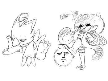 Rule 34 | claws, digimon, digimon (creature), fang, highres, imposter dude, jellyfish girl, jellymon, kuso miso technique, laughing, looking at viewer, meme, monochrome, monster girl, piyomon, stepped on, tentacle hair, tentacles, yaranaika