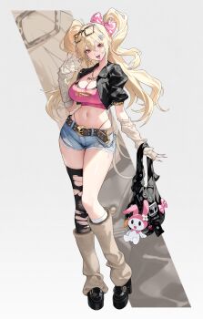 Rule 34 | 1girl, absurdres, alternate costume, black bra, blonde hair, blue shorts, bra, bra peek, clay (nikke), denim, denim shorts, goddess of victory: nikke, hello kitty, highres, migu (iws2525), my melody, navel, pink tube top, sanrio, short shorts, shorts, solo, strapless, torn clothes, tube top, underwear