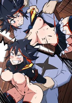 1girl 3boys absurdres ahegao arm_held_back asphyxiation ass bent_over black_gloves black_hair blue_eyes blush boots breasts breasts_out choke_hold choked choking_on_object clenched_teeth clothed_sex comic defeat doggystyle drooling eyebrows facing_viewer garter_straps gloves grabbing_another's_breast groping hair_ornament hetero highres holding_another's_wrist kill_la_kill mark_gavatino matoi_ryuuko medium_breasts midriff miniskirt multiple_boys navel nipples rape red_hair restrained revealing_clothes saliva senketsu sex sex_from_behind short_hair sidelocks skirt solo_focus strangling sweat teeth thigh_boots thighhighs tomboy uneven_eyes