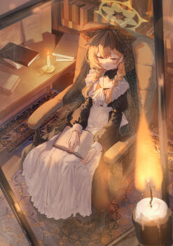 Rule 34 | 1girl, absurdres, alternate costume, alternate hairstyle, animal ears, apron, black dress, black veil, blue archive, blue eyes, book, braid, cat ears, cat girl, commentary, dress, eshineko, extra ears, hair between eyes, half-closed eyes, halo, highres, holding, holding book, long hair, long sleeves, maid, maid apron, mari (blue archive), orange hair, parted lips, reflection, sitting, solo, twin braids, veil, yellow halo