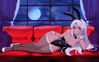 1girl absurdres alternate_costume amanda_peach blue_eyes breasts cleavage couch dark-skinned_female dark_skin elma_(xenoblade_x) fishnets highres indoors looking_at_viewer monolith_soft moon on_couch playboy_bunny rabbit_ears solo white_hair xeno_(series) xenoblade_chronicles_(series) xenoblade_chronicles_x