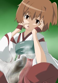Rule 34 | absurdres, brown eyes, brown hair, dirty socks, female focus, foot focus, highres, japanese clothes, log horizon, miko, minori (log horizon), short hair, side ponytail, soles, tabi