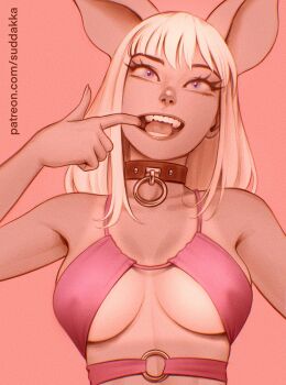 1girl animal_ears black_choker blue_eyes breasts choker covered_erect_nipples highres large_breasts long_hair monochrome mouth_pull patreon_username pig_ears pig_girl pink_background pink_hair pink_theme rose_(zaiyuki) simple_background smile solo suddakka tan tanline underboob upper_body watermark web_address zaiyuki