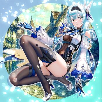 1girl black_gloves black_hairband black_thighhighs blue_gloves blue_hair breasts chest_harness eula_(genshin_impact) genshin_impact gloves hair_ornament hairband harness high_heels knee_up large_breasts looking_at_viewer medium_breasts medium_hair miyashirokiyu smile solo thighhighs thighs vision_(genshin_impact) white_sleeves wide_sleeves yellow_eyes