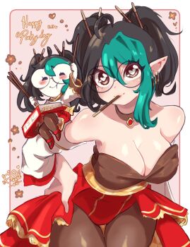 2girls ahoge akane_k0 akane_ko artist_logo black_hair breasts chocolate cleavage collar commentary detached_sleeves dual_persona earrings eating english_commentary food food_in_mouth glasses green_hair hands_on_own_hips heart heart-shaped_pupils heart_in_eye highres holding holding_food holding_pocky jewelry large_breasts leggings leotard logo mini_person mouth_hold multicolored_hair multiple_girls original pocky pocky_day pocky_in_mouth pointy_ears round_eyewear shared_food shiny_skin smile spanish_commentary symbol-shaped_pupils symbol_in_eye twintails two-tone_hair