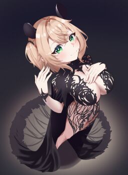 1girl animal_ears black_cape black_dress blonde_hair breasts cape chronopattern_dress cleavage closed_mouth commentary dress english_commentary full_body green_eyes grey_background hair_between_eyes hand_on_own_chest hand_up highres indie_virtual_youtuber large_breasts looking_at_viewer looking_up nimi_nightmare one_side_up pyrokuro simple_background smile solo standing tapir_ears tapir_girl virtual_youtuber