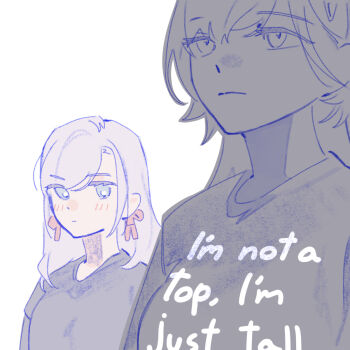 2girls black_shirt blue_eyes blush breasts ceras_yanagida_lilienfeld closed_mouth clothes_writing commentary edel_note english_commentary english_text frown grey_hair hair_ribbon highres katsuragi_izumi link!_like!_love_live! looking_at_another looking_up love_live! medium_breasts multiple_girls partially_colored pink_ribbon pipi_(m1x_mix) ribbon shirt simple_background t-shirt tall_female virtual_youtuber white_background