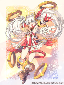 1girl boots brown_boots copyright_notice dress gloves grey_eyes keypot long_hair looking_at_viewer official_alternate_costume official_alternate_hairstyle official_art open_mouth red_dress red_gloves smile socks solo tama_(wixoss) thigh_strap twintails very_long_hair white_hair white_socks wixoss