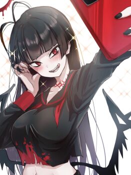 1girl antenna_hair black_hair black_sailor_collar black_serafuku black_wings blue_archive blush cellphone collarbone commentary_request crop_top crop_top_overhang cropped_shirt halo highres holding holding_phone komena_(shinyday312) long_hair long_sleeves melting_halo navel neckerchief no_dickey open_mouth phone red_eyes red_halo red_neckerchief sailor_collar school_uniform selfie serafuku smartphone solo tongue tongue_out tsurugi_(blue_archive) upper_body very_long_hair wings