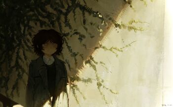 1girl absurdres arms_at_sides black_hair black_sweater building coat collared_shirt grey_eyes hdf5sv highres lapels messy_hair original partially_unbuttoned plant shade shirt solo sunlight sweater vines white_shirt