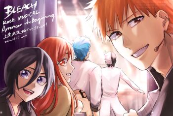 Rule 34 | 1046sstep btoh, 2girls, 3boys, back tattoo, black hair, bleach, blue eyes, blue hair, brown eyes, coat, commentary request, dated, grimmjow jaegerjaquez, grin, helmet, holding, holding sword, holding weapon, hole in stomach, inoue orihime, kuchiki rukia, kurosaki ichigo, multiple boys, multiple girls, open mouth, orange eyes, orange hair, shihakusho, signature, smile, sword, tattoo, translation request, ulquiorra cifer, watermark, weapon, white coat, zangetsu (shikai)