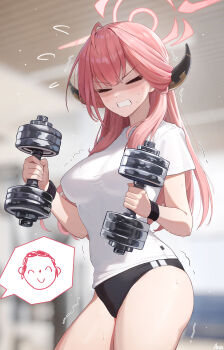 1boy 1girl absurdres aru_(blue_archive) arus black_buruma blue_archive breasts buruma clenched_teeth closed_eyes commentary_request demon_girl demon_horns doodle_sensei_(blue_archive) double_dumbbell_pose_(han-0v0) dumbbell gym gym_uniform halo highres holding holding_dumbbell horns indoors large_breasts large_variant_set red_hair red_halo sensei_(blue_archive) teeth thighs variant_set