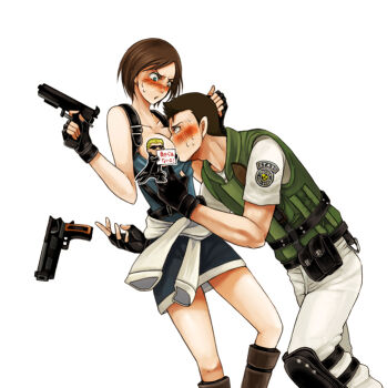 Rule 34 | 1girl, 2boys, accidental pervert, albert wesker, between breasts, black coat, black gloves, blonde hair, blue eyes, blue tube top, blush, breasts, capcom, chibi, chris redfield, coat, convenient censoring, fingerless gloves, gloves, gun, handgun, head between breasts, holding, holding gun, holding weapon, jill valentine, miniskirt, multiple boys, pants, resident evil, sakura3914, simple background, skirt, strapless, sunglasses, sweat, tube top, unlikely accident, weapon, white background