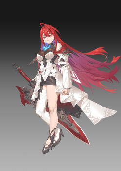 1girl ahoge asymmetrical_footwear black_background black_gloves black_shoes black_skirt blue_fire blue_hair boots breasts colored_inner_hair commentary_request double-parted_bangs dress earrings elizabeth_rose_bloodflame elizabeth_rose_bloodflame_(1st_costume) fire fire_on_chest floating_hair full_body gloves gradient_background greatsword grey_background hair_between_eyes halter_dress halterneck high_heels highres holding holding_sword holding_weapon hololive hololive_english huge_ahoge jacket jewelry large_breasts long_hair looking_at_viewer miniskirt multicolored_hair off_shoulder parted_lips pencil_skirt red_eyes red_hair shoes simple_background single_earring single_glove single_hair_intake single_sidelock single_thigh_boot skirt skirt_under_dress solo sword thigh_boots thorn_(elizabeth_rose_bloodflame) uneven_footwear very_long_hair virtual_youtuber weapon white_boots white_dress white_jacket zetsuental