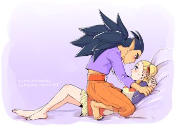 1boy 1girl asuka_(pixiv3381855) barefoot belt black_hair black_nails black_shirt blonde_hair blue_eyes blush border commentary_request couple dark-skinned_male dark_skin dragon_quest dragon_quest_builders_2 dress earrings eye_contact female_builder_(dqb2) fringe_trim hair_horns hair_pulled_back hair_ribbon hetero high-waist_pants holding_another&#039;s_wrists hoop_earrings jewelry looking_at_another low_ponytail neckerchief necklace no_gloves orange_pants pants ponytail profile purple_background purple_shirt red_belt red_dress red_eyes red_ribbon ribbon sharp_toenails shirt shirt_under_dress sidoh_(dqb2) silver_earrings spiked_hair squatting straddling sweatdrop toenails tooth_necklace translation_request twintails two-tone_dress white_border white_dress yellow_neckerchief