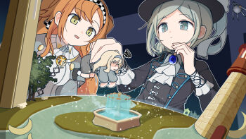 ascot black_coat black_footwear black_headwear black_vest blonde_hair blue_bow blue_hairband boater_hat bow checkered_hairband closed_mouth coat dark_background dot_mouth dress fountain green_eyes grey_cloak grey_eyes grey_hair grey_shorts grey_sleeves grey_sweater hair_bun hairband hand_on_own_chin hand_up hat hat_bow highres lifting_person lighthouse long_hair long_sleeves looking_at_another looking_down ma40414 matilda_bouanich mini_person minigirl model orange_hair parted_lips reverse:1999 satellite short_hair shorts single_side_bun socks sonetto_(reverse:1999) sputnik sputnik_(reverse:1999) squiggle sweater tree upper_body vertin_(reverse:1999) vest waistcoat wavy_mouth white_ascot white_dress white_socks