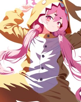 +_+ 1girl absurdres_(user_unwe3823) animal_costume animated bandaid bandaids_on_nipples blue_archive blush blush_stickers buttons closed_mouth cosplay cursor hair_between_eyes halo highres hood hood_up kigurumi koyuki_(blue_archive) koyuki_(pajamas)_(blue_archive) loli long_hair looking_at_viewer lying on_back open_mouth partially_unbuttoned pasties pink_eyes pink_hair pink_halo rabbit_costume simple_background smile solo sound tagme video wavy_mouth white_background