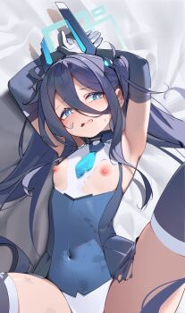 1girl aris_(armed)_(blue_archive) aris_(blue_archive) arms_up black_hair blue_archive blue_eyes breasts covered_navel gloves hair_between_eyes halo highres leotard loli long_hair necktie nipples official_alternate_costume painterliuhao small_breasts solo thighhighs variant_set