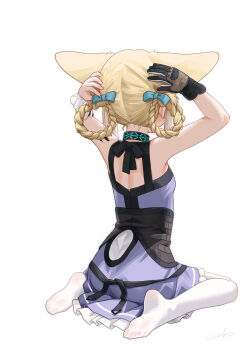 1girl absurdres animal_ears arknights blonde_hair braid braided_hair_rings dress fox_ears fox_girl from_behind gloves hair_rings highres no_shoes no_tail pantyhose simple_background single_glove sitting solo suzuran_(arknights) welt_(kinsei_koutenkyoku) white_background white_pantyhose
