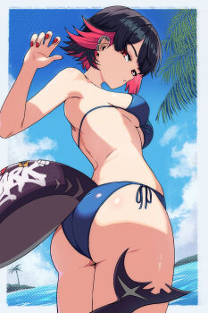 1girl absurdres ass back bikini black_hair blue_bikini blue_sky border breasts cloud commentary day ear_piercing ellen_joe english_commentary fins fish_tail hand_up highres junmin looking_at_viewer medium_breasts multicolored_hair ocean outdoors piercing pink_hair red_eyes red_nails shark_girl shark_tail short_hair side-tie_bikini_bottom sky solo swimsuit tail two-tone_hair white_border zenless_zone_zero