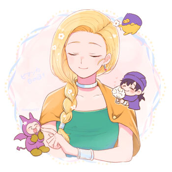 Rule 34 | 1boy, 1girl, bianca (dq5), black hair, blonde hair, bouquet, bracelet, braid, cape, closed eyes, closed mouth, collarbone, commentary request, dragon quest, dragon quest v, dress, earrings, flower, green dress, hair flower, hair ornament, hammerhood (dragon quest), heart, hero (dq5), highres, holding, holding bouquet, holding flower, jewelry, long hair, minidemon, neck ring, on shoulder, orange cape, purple cape, purple turban, single braid, smile, tsunao527, turban, upper body, white flower