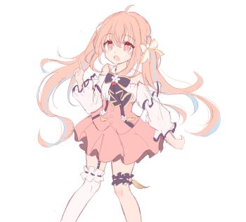 Rule 34 | 1girl, black bow, black bowtie, black garter belt, blush, bow, bowtie, commentary request, flower ornament, food, fruit, garter belt, hair ribbon, highres, indie virtual youtuber, kano mahoro, lineart, long hair, off shoulder, open mouth, pink hair, pink skirt, puffy sleeves, red eyes, ribbon, sako (xzzzz036), shirt, simple background, sketch, skirt, solo, strawberry, thai commentary, thighhighs, twintails, white background, white bow, white ribbon, white shirt, white thighhighs