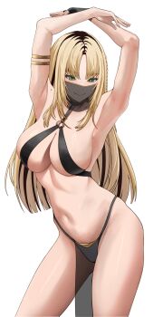 1girl absurdres alternate_costume armlet armpits arms_up black_gloves black_streaks blonde_hair breasts closed_mouth commentary curtained_hair english_commentary gloves green_eyes harem_outfit highres hololive hololive_dev_is jewelry koganei_niko large_breasts long_hair mole mole_on_shoulder mouth_veil multicolored_hair navel o-ring o-ring_top pelvic_curtain si_farid simple_background single_glove solo stomach streaked_hair veil virtual_youtuber white_background