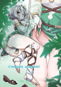 1girl absurdres ass blush breasts bridal_gauntlets clothes_lift dress dress_lift elf feet flower full_body grey_hair hair_flower hair_ornament highres holding holding_staff kokkoro_(princess_connect!) lifting_own_clothes looking_at_viewer multiple_views panties panty_pull parted_lips pointy_ears princess_connect! purple_eyes sandals see-through_clothes see-through_sleeves shoes short_dress short_hair small_breasts staff stirrup_legwear thighs toeless_legwear toes umyonge_(lkakeu) underwear unworn_shoes white_panties