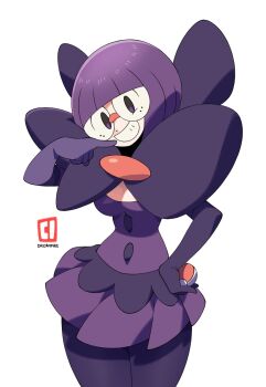 1girl blunt_bangs bob_cut bow breasts dypire elbow_gloves glasses gloves grin hand_on_own_hip hand_up highres holding holding_poke_ball large_bow low-cut medium_breasts neck_pillow nintendo pantyhose poke_ball poke_ball_(basic) pokemon pokemon_bw purple_hair purple_skirt rimless_eyewear round_eyewear shauntal_(pokemon) short_hair skirt smile solo