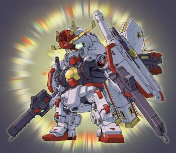 Rule 34 | chibi, commentary, english commentary, full body, glowing, glowing eyes, green eyes, grey background, gun, gundam, gundam thunderbolt, highres, holding, holding gun, holding weapon, mecha, mobile suit, no humans, robot, science fiction, sd gundam, signature, solo, spoilers, thunderbolt gundam, toilobo, v-fin, weapon